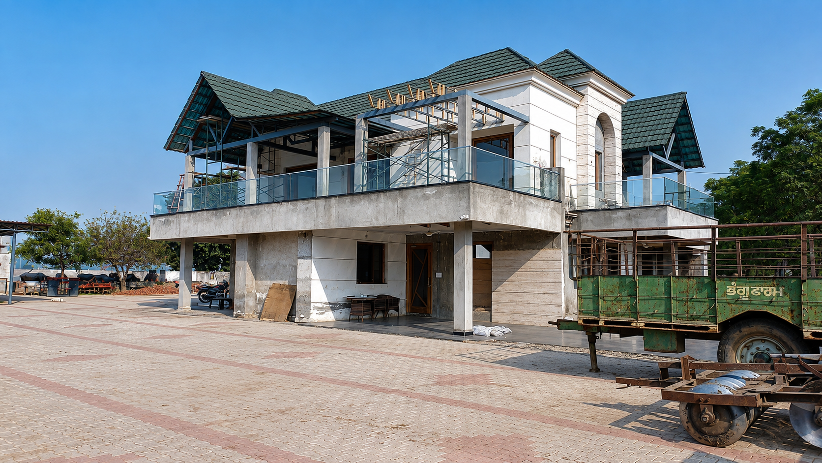 Complete structural steel roof trusses, pergola, and glass balustrades by Lotey Metalcrafts