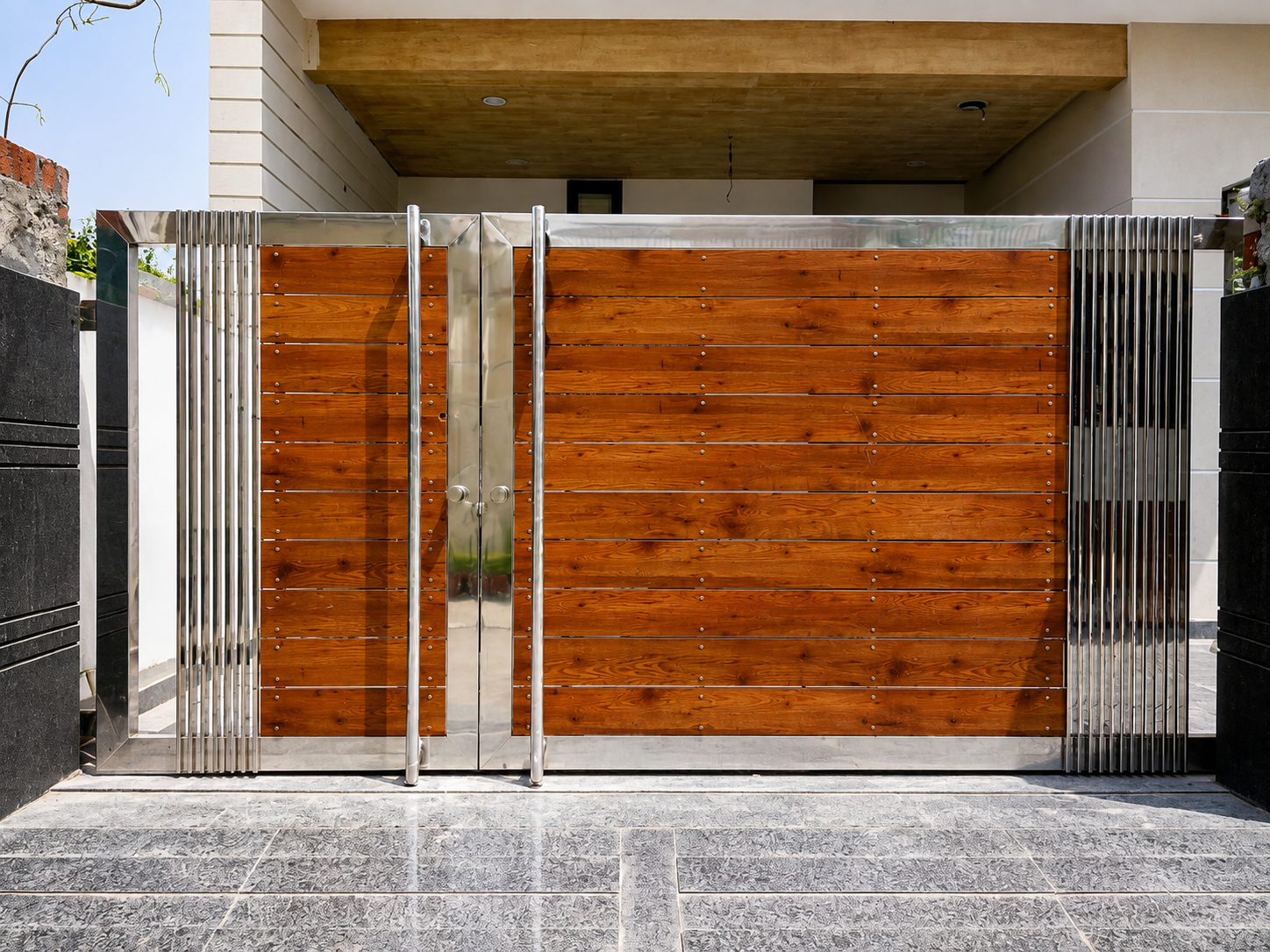 Stainless steel and teakwood entrance gate by Lotey Metalcrafts
