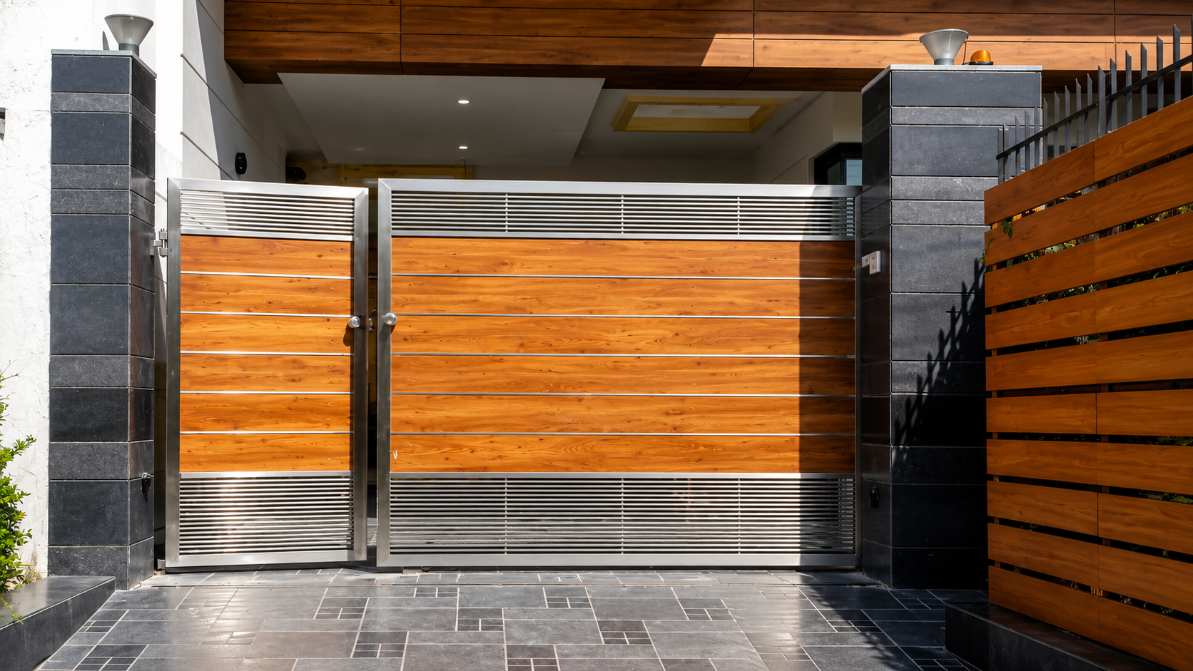 Automated sliding teakwood and stainless steel gate by Lotey Metalcrafts