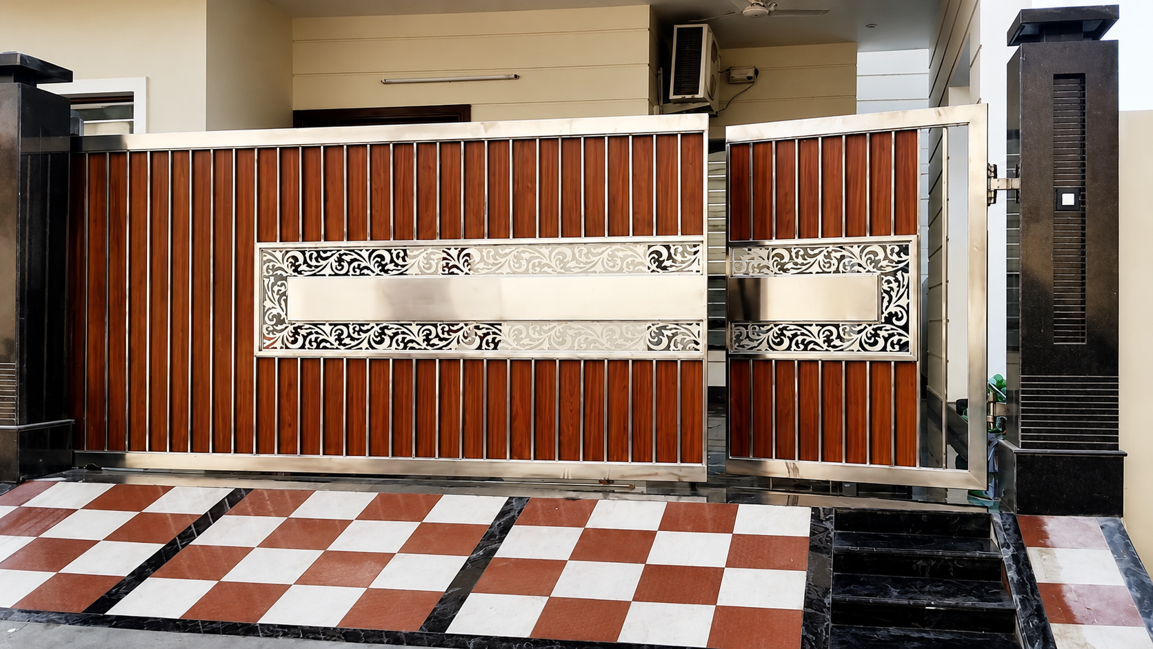 Stainless steel and wood gate with laser cut decorative panel by Lotey Metalcrafts