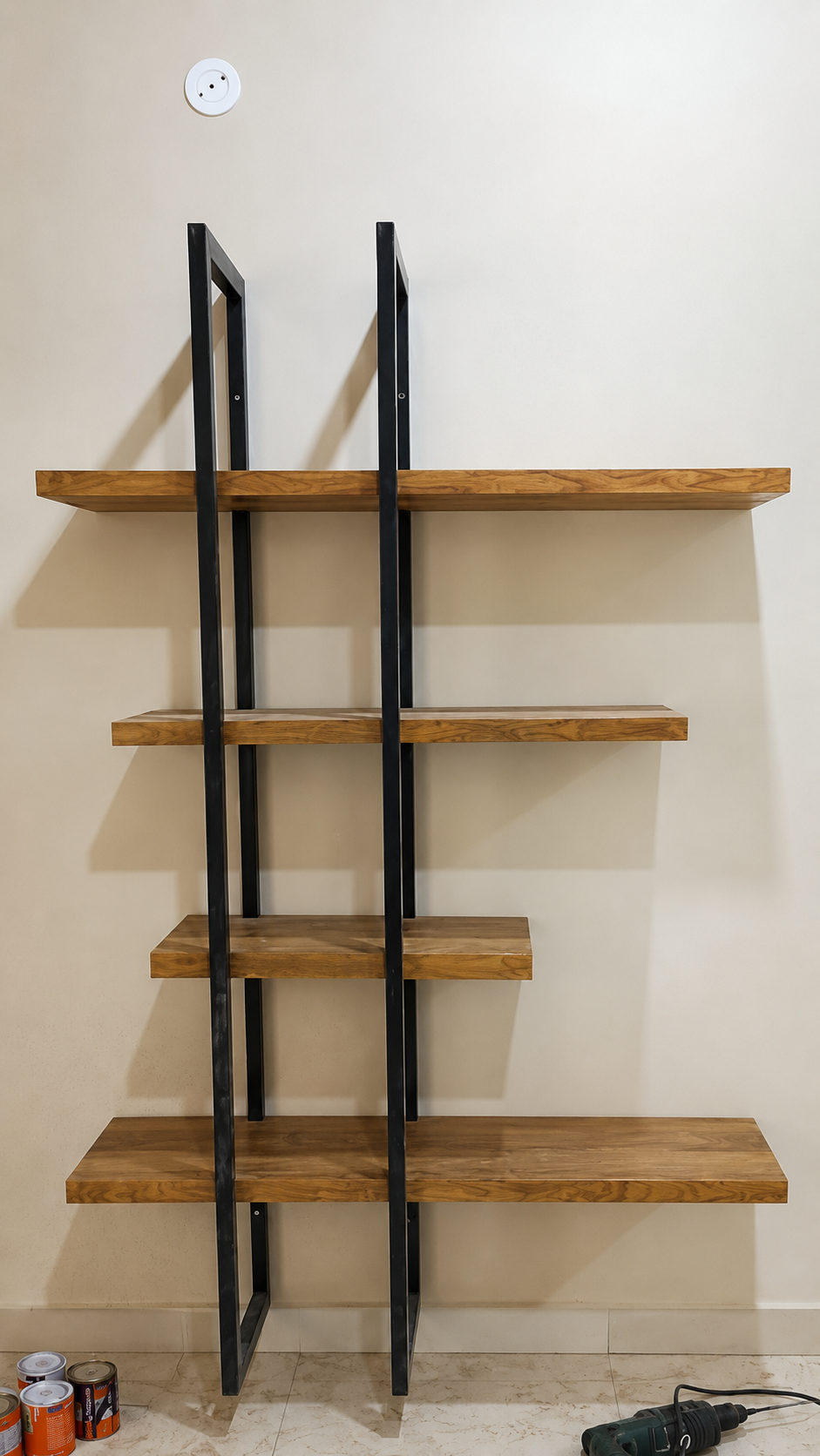 Custom wood and steel shelving unit by Lotey Metalcrafts