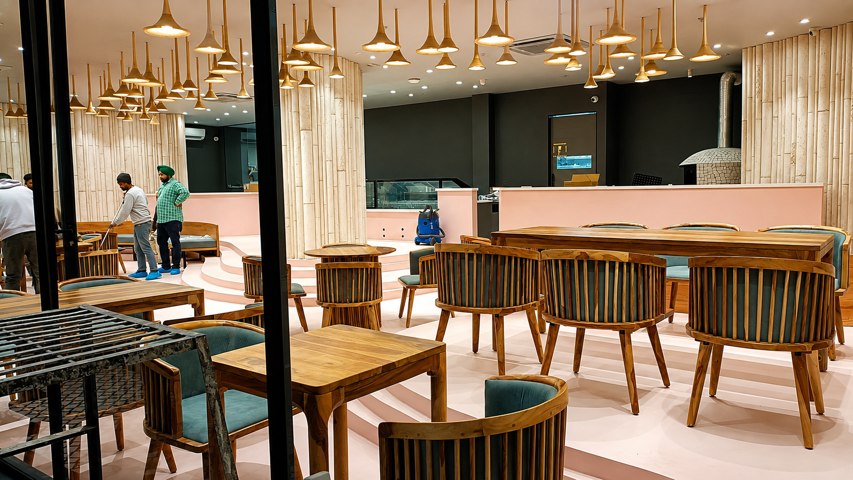 Commercial cafe wood and metal dining furniture by Lotey Metalcrafts