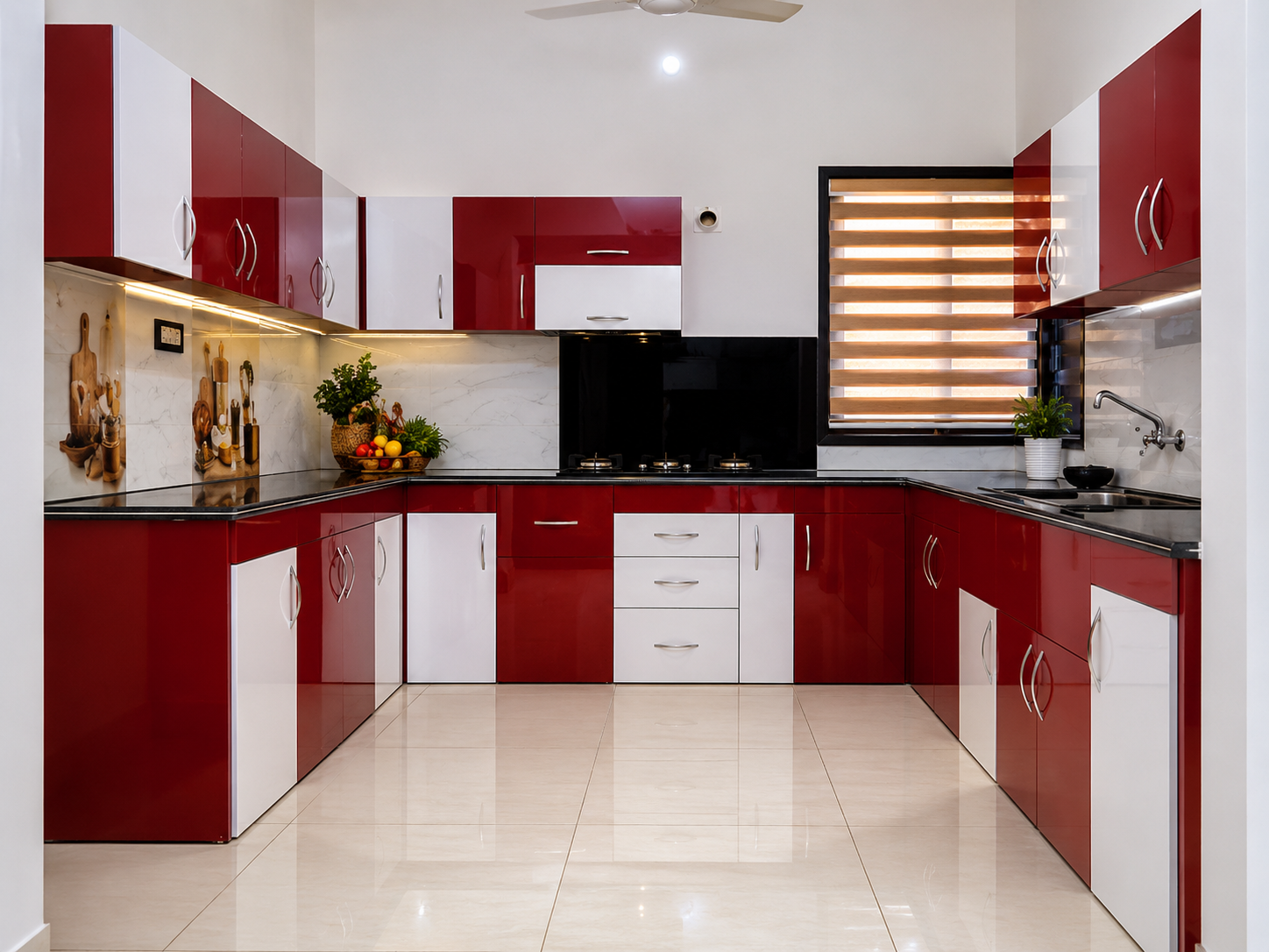 Ruby red and white custom modular kitchen with stainless steel handles by Lotey Metalcrafts